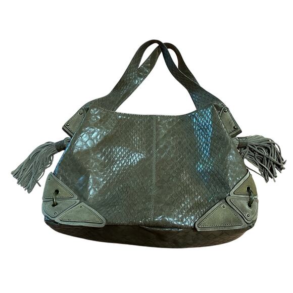 Jessica Simpson Brown Faux Snakeskin Hobo Bag Fringe Tassel Women's Shoulder Bag - Picture 1 of 13